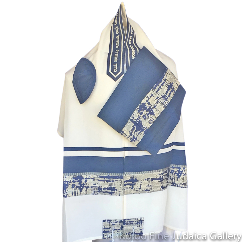 Tallit Set, Blue and Silver Western Wall Design, Wool