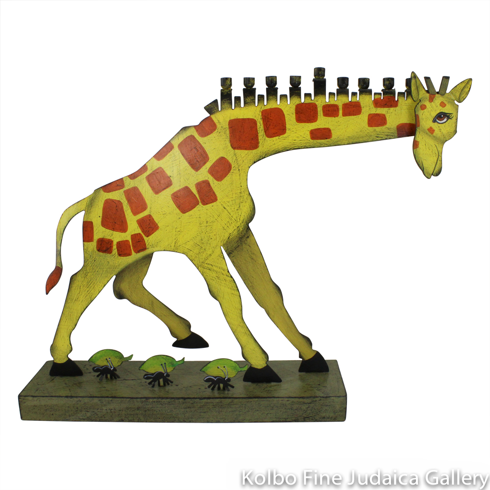 Menorah, Giraffe Design, Painted Metal on Wooden Base