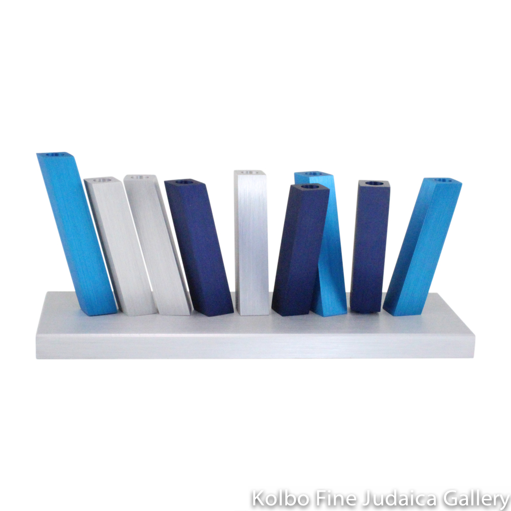 Menorah, Arrangeable Design, Multi-Blue Anodized Aluminum on Silver Base