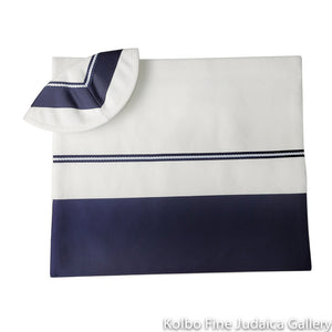 Tallit Set, Navy Blue and White with Silver Detail, Poly Blend