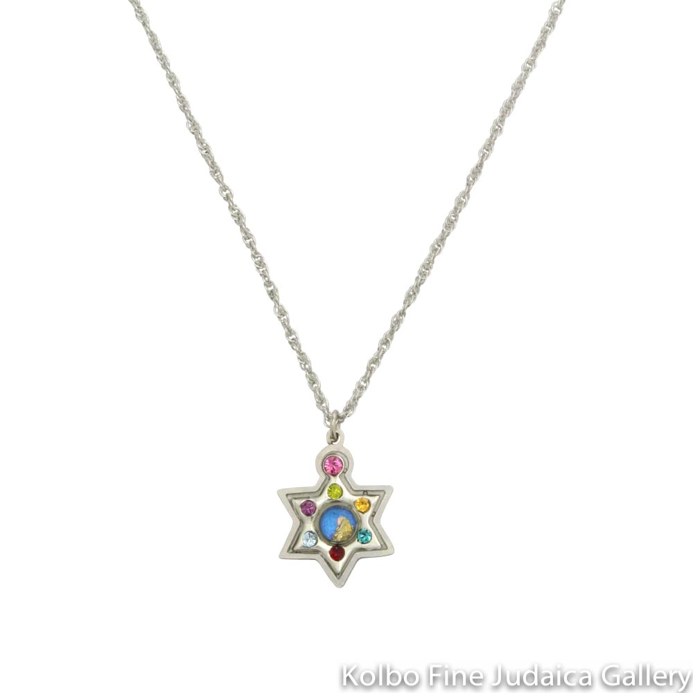 Necklace, Star of David, Resin on Stainless Steel with Multicolored Crystals