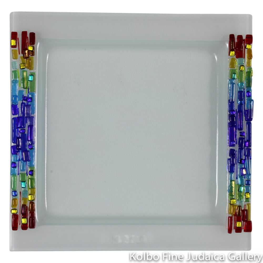 Matzah Plate, Fused Glass, Rainbow Parting of the Sea Design with Blue in Center