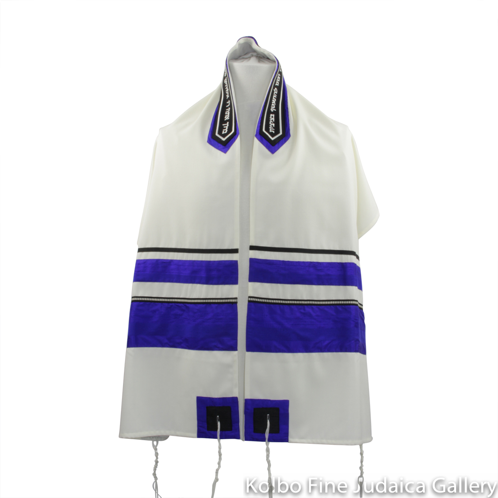 Tallit Set, Electric Blue Stripes on White Background, Fine Wool