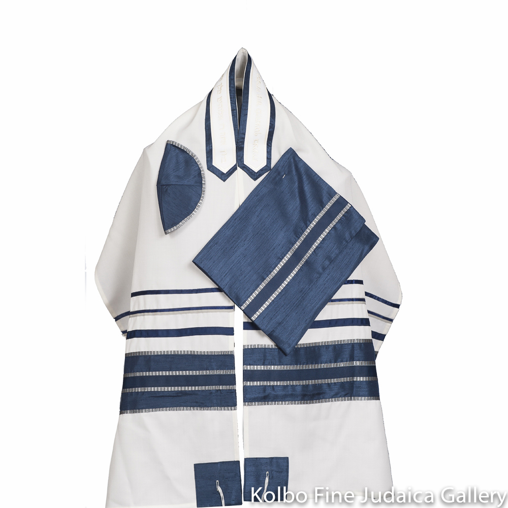 Tallit Set, Blue and Silver Ribbons on Fine White Wool