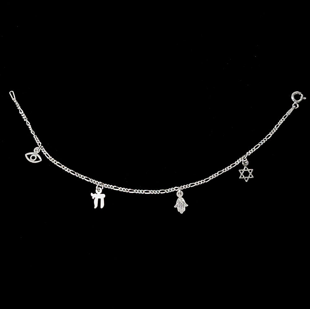 Bracelet, Tiny Star, Hamsa, Chai, and Eye on Lightweight Sterling Silver Chain