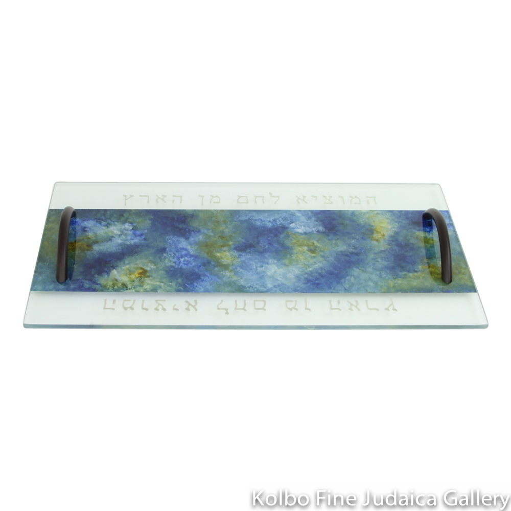 Challah Plate, Hand-Painted Glass with Blue and Green Tones, Black Handles