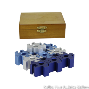 Menorah, Traveling Puzzle Style in Blue, Light Blue, and Silver, Anodized Aluminum