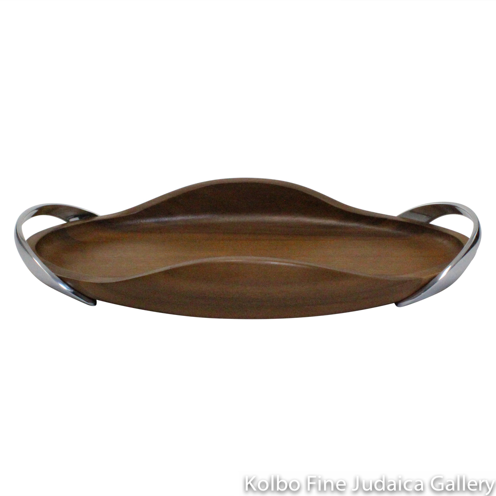Challah Tray, Wooden Curve Design with Handles, Wood and Metal Alloy