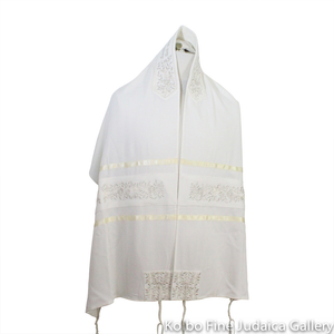 Tallit Set, Embroidered Vine Design in Silver on White Brushed Cotton
