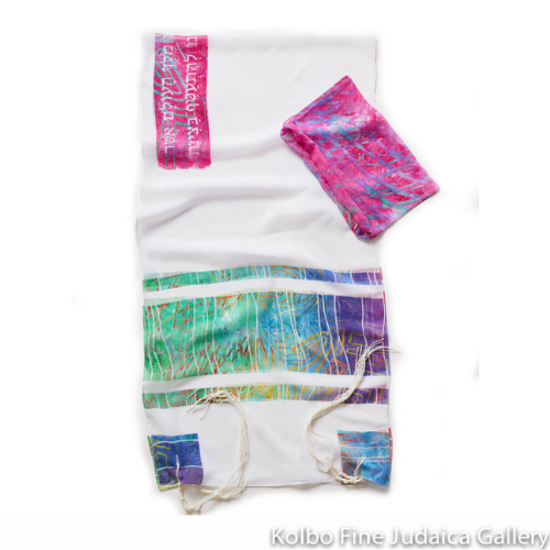 Tallit Set, Mulitcolor with Pink Atarah, Chiffon