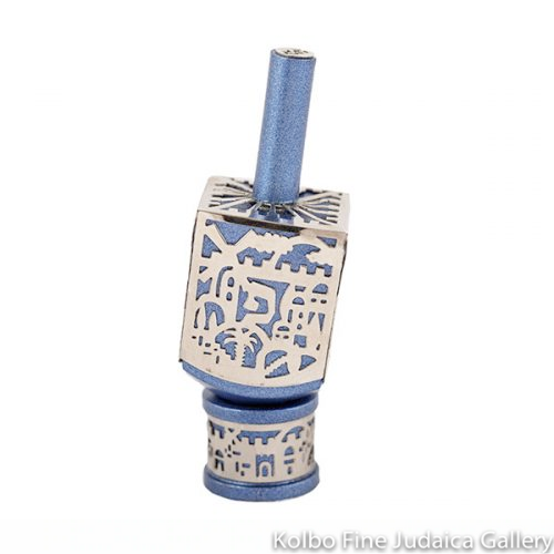 Dreidel, Anodized Aluminum, Jerusalem Cut Out, Blue and Silver, Large