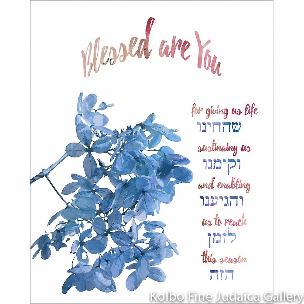 Shehechianu Blessing, Blue Flower Design, Hebrew and English, Unframed