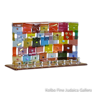 Menorah, Rainbow Quilt Design, Multicolor Overlapping Fused Glass Squares with Amber Base, Dichroic Detail, Large