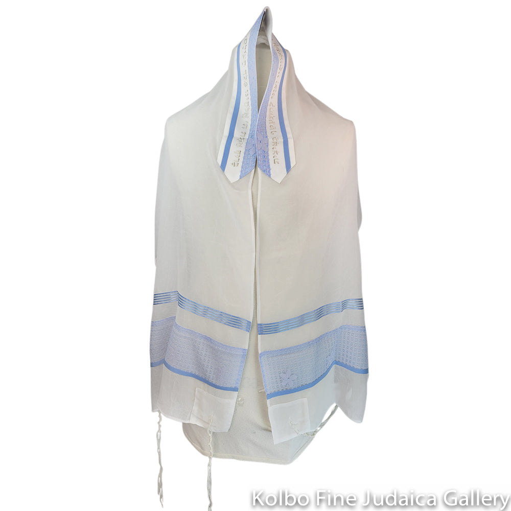 Tallit, Soft Blue Striping with Silver Detail, Poly Blend