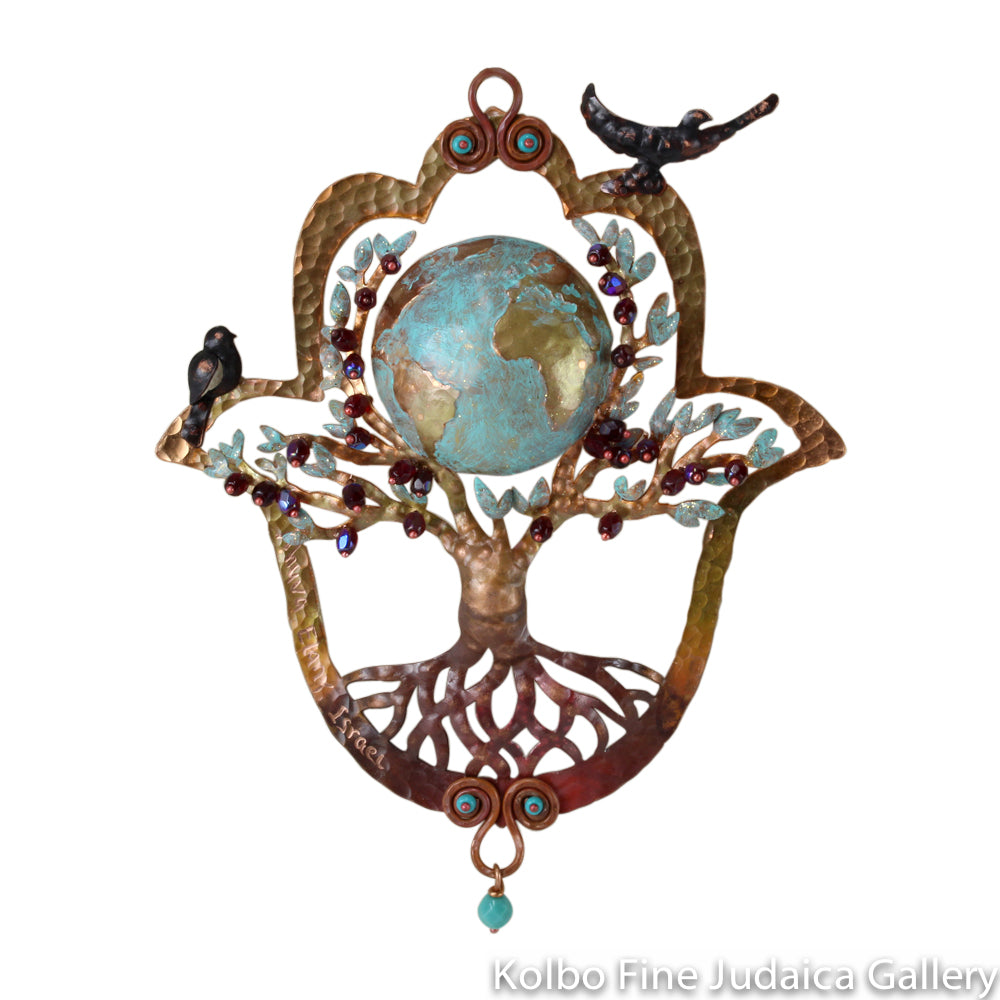 Hamsa, Tree Of Life Holding Earth, Copper, Patina, and Beading
