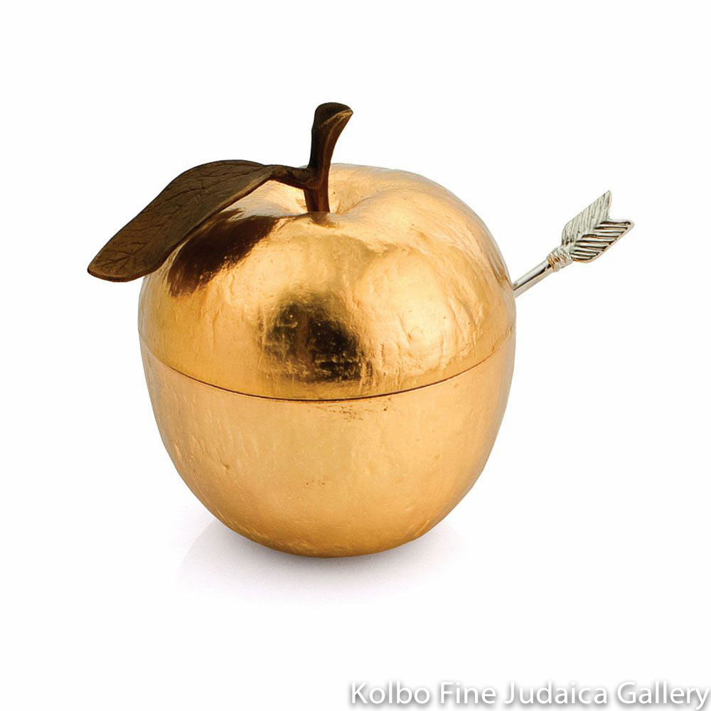 Honey Jar and Spoon, Golden Apple Design, Nickel Plate, Oxidized, Brown Enamel