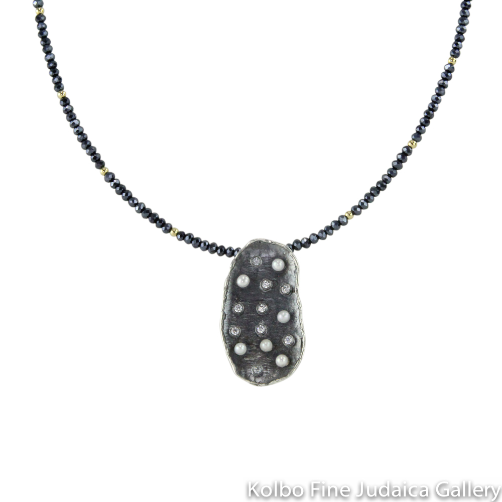 Necklace, Oxidized Sterling Silver Pendant with Pearls and CZ Stones, Black Crystal and Gold Filled Beads