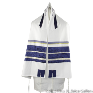 Tallit Set, Striped Design in Navy Blue and Gold on White, Viscose