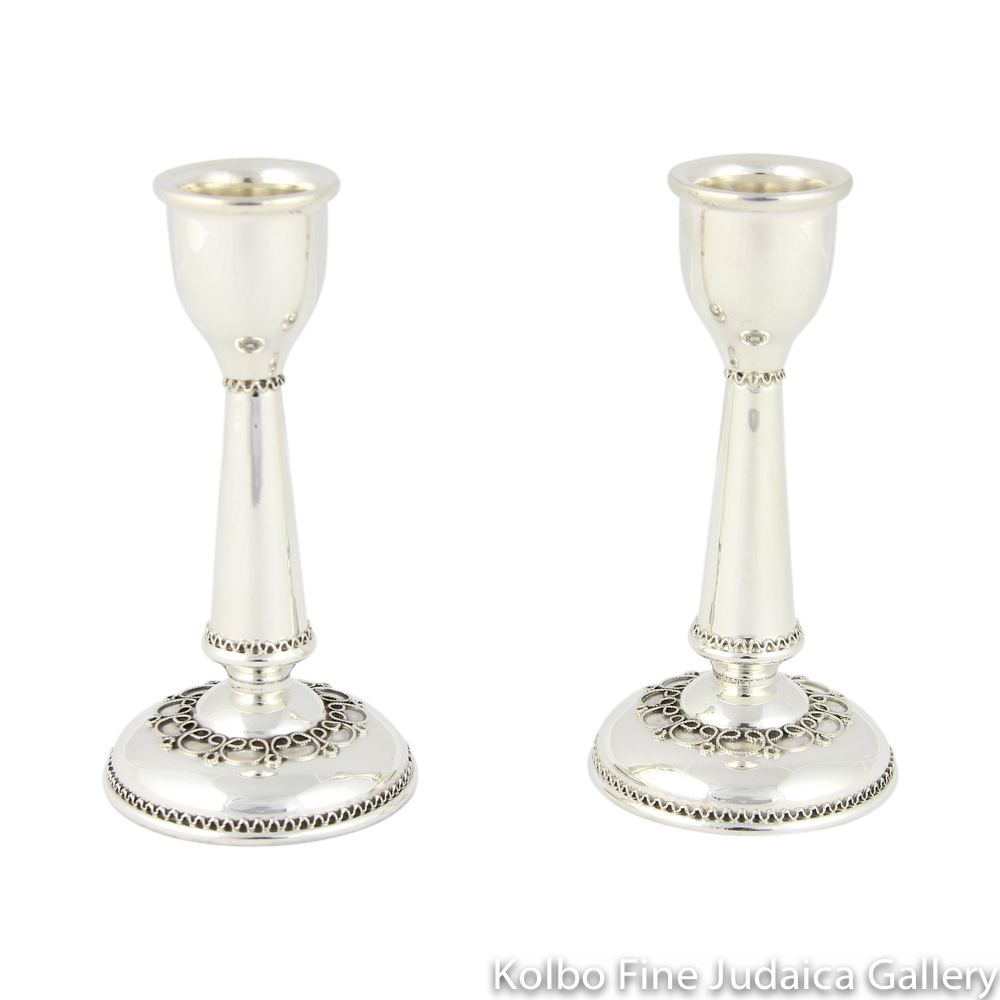 Candlesticks, Sterling Silver with Filigree on Base, Medium Size