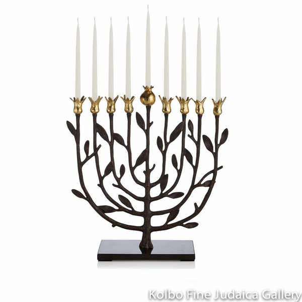 Menorah, Pomegranate Design, Goldtone, Oxidized Brass, Granite