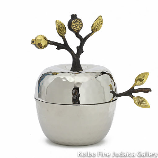 Honey Jar, Pomegranate Design, Stainless Steel with Glass and Copper