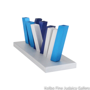 Menorah, Arrangeable Design, Multi-Blue Anodized Aluminum on Silver Base