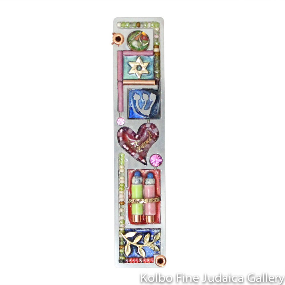 Mezuzah, Heart and Scroll Design, Resin on Stainless Steel