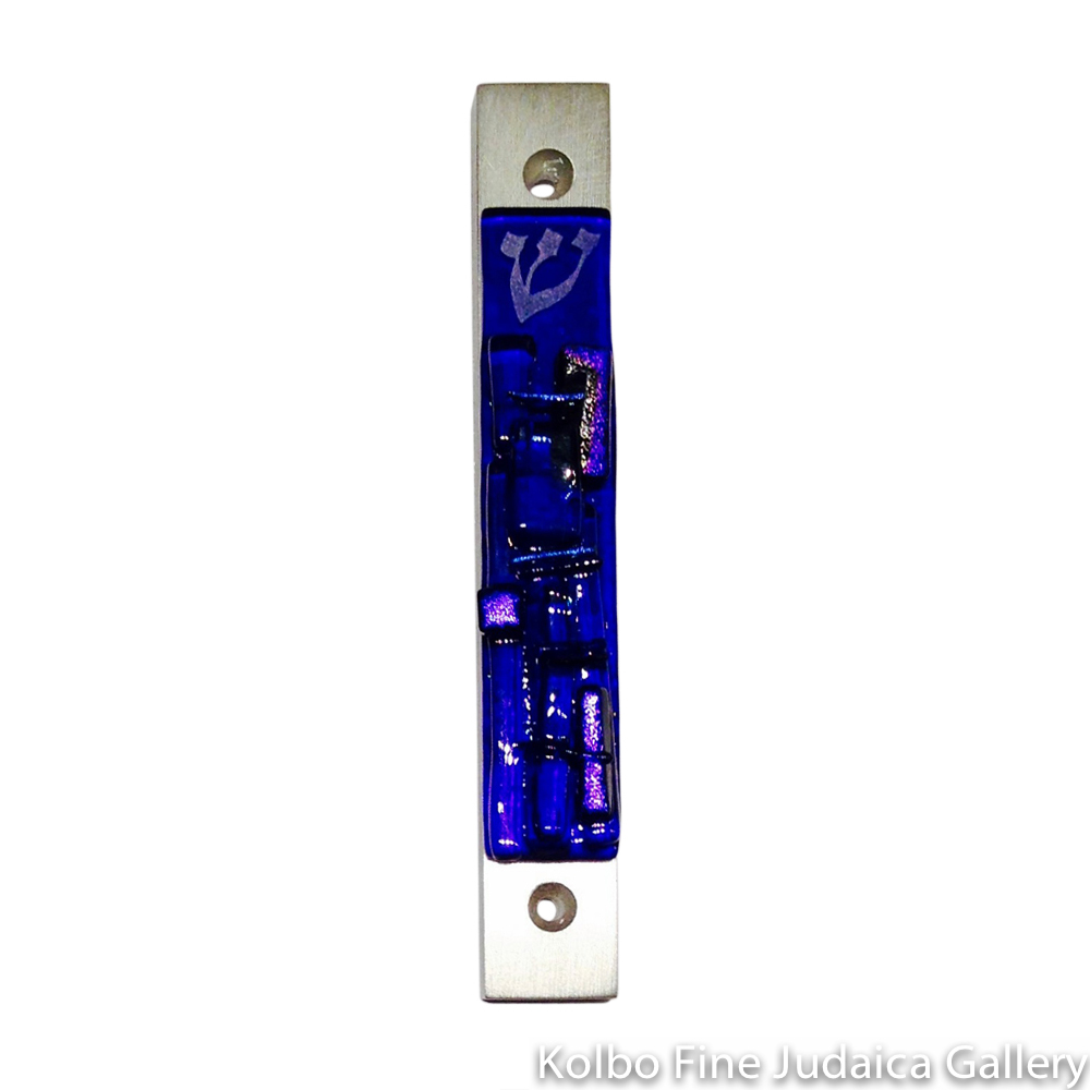 Mezuzah, Western Wall Collection in Cobalt Blue, Fused Glass and Metal