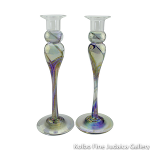 Candlesticks, Iridescent Rainbow Design, Hand-Blown Glass with Pyrex Candleholders
