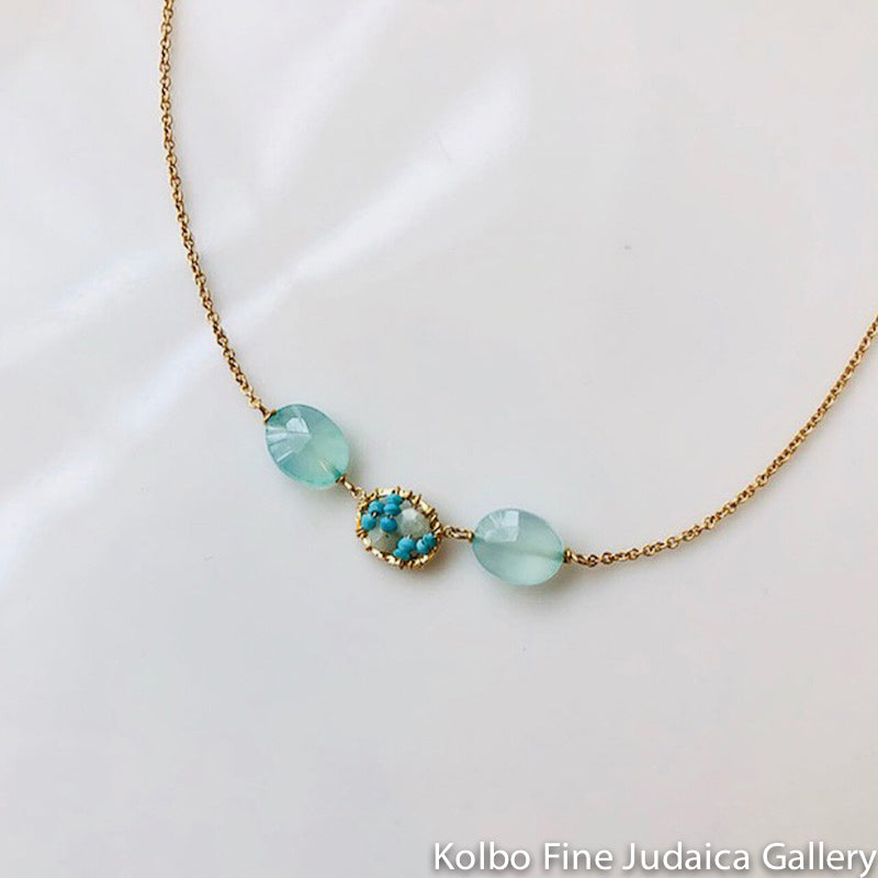 Necklace, Larimar and Turquoise Beading with Aqua Chalcedony, 17" Gold-Filled Chain