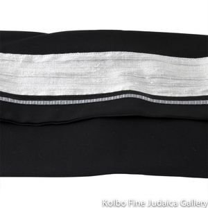 Tallit Set, Black Stripes with Silver Raw Silk on White, Wool