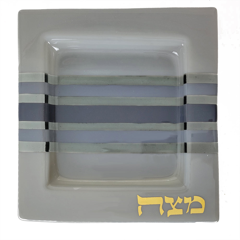 Matzah Plate, Soft Shades Of Gray and Pewter Glass, Gold Lettering