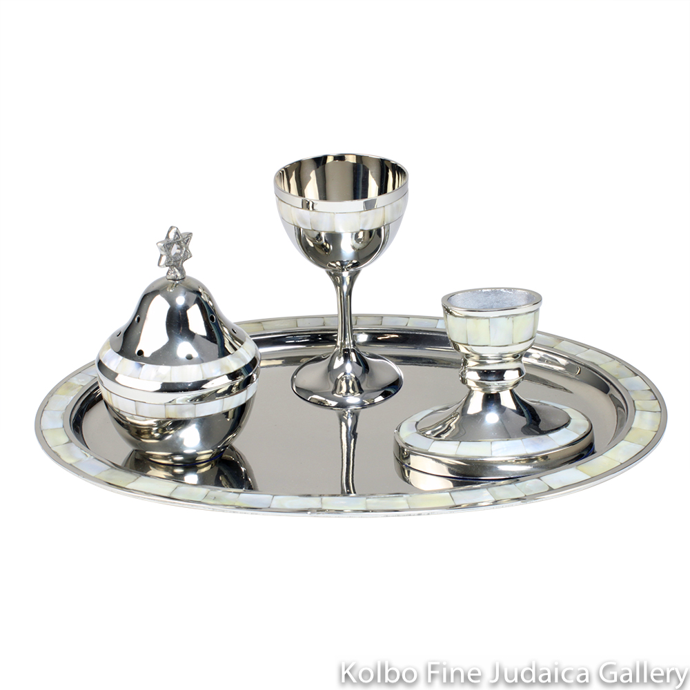 Havdalah Set, Mother of Pearl Design, Nickel Plate - Kolbo Fine Judaica  Gallery