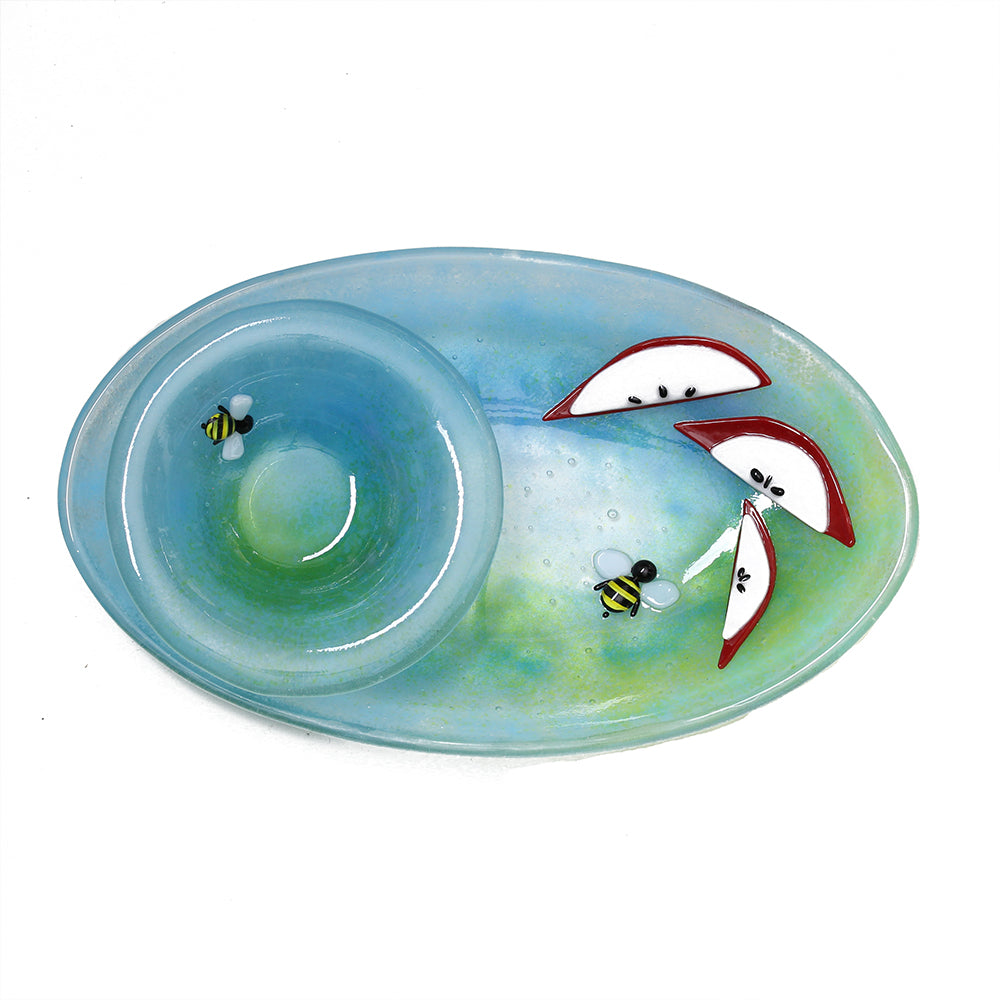 Honey and Apple Set, Blue and Green With Apples and Bees, Fused Glass