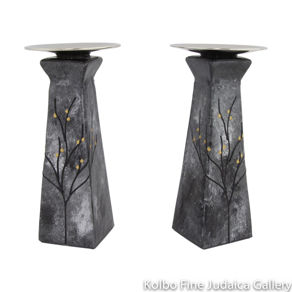 Candlesticks, Pyramid Shape, Hand-Painted Glass with Multi-Gray Tones