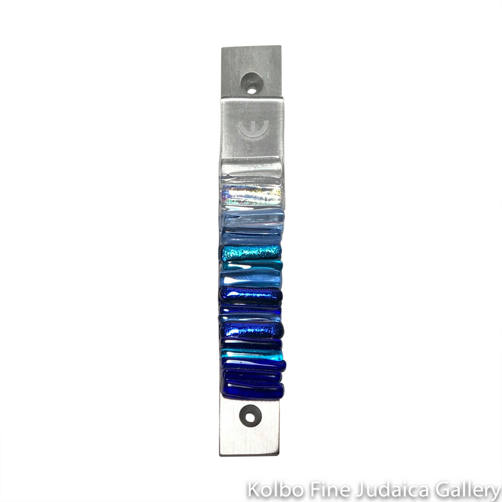 Mezuzah, Iridescent Icicle Collection in Clear and Cobalt Blue, Fused Glass and Metal