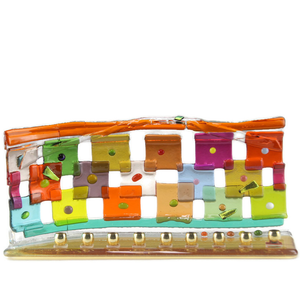 Menorah, Rainbow Quilt Design, Small, Multicolor Fused Glass With Beads, Amber Base