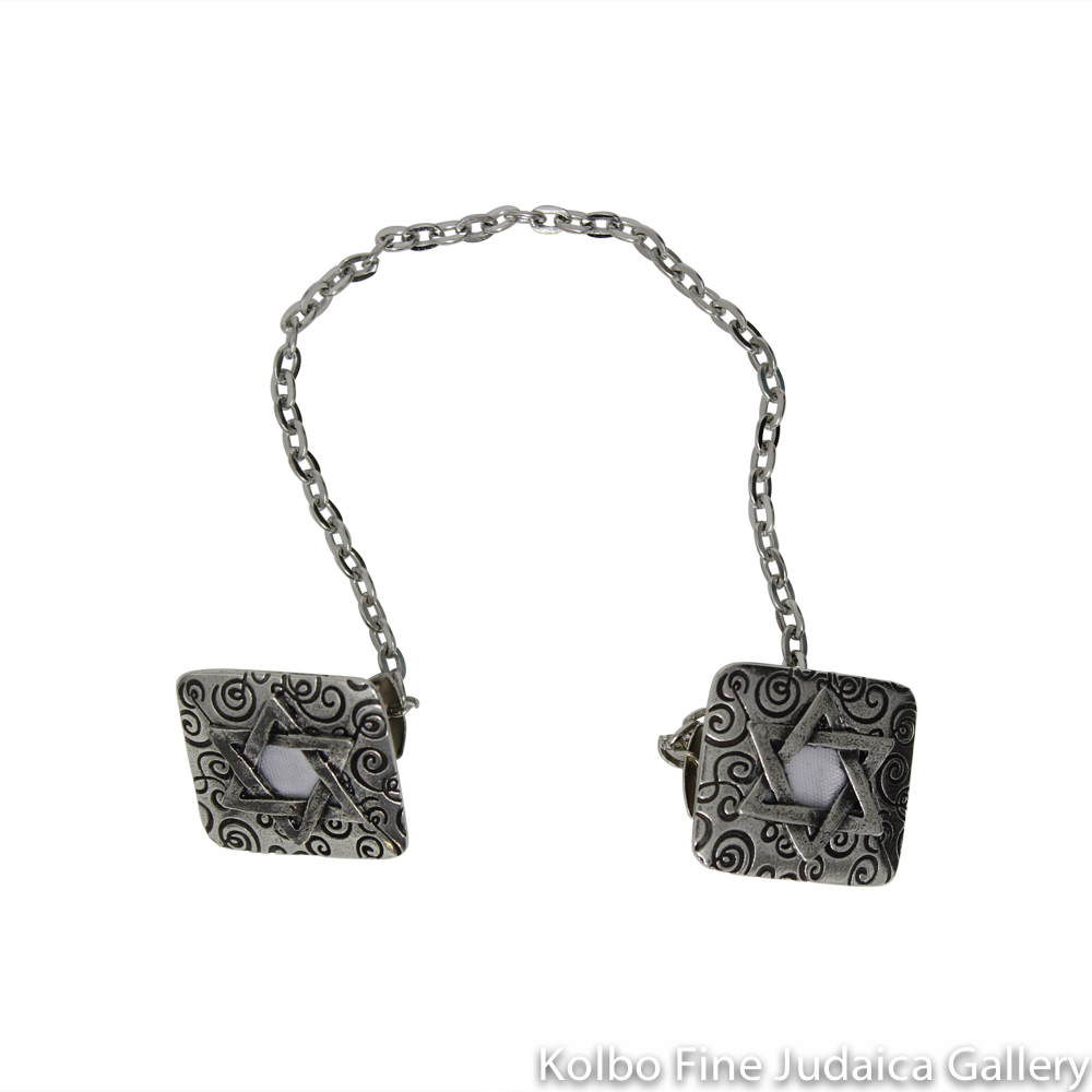 Tallit Clip, Swirl Design With White Star, Pewter With Silver Chain