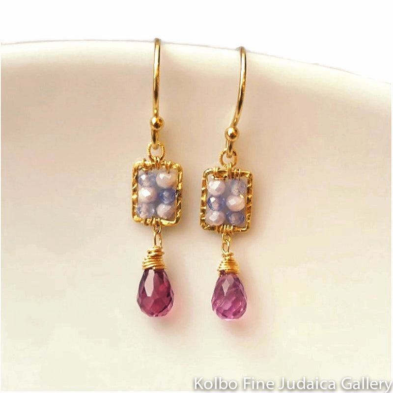 Earrings, Lavender Moonstone and Tanzanite with Malaia Garnet Drops, Gold-Filled