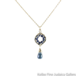 Necklace, Sapphire Beads with Topaz Drop, Gold Filled