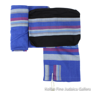 Tallit Set, Royal Blue with Maroon and Gray, Hand-Spun Cotton and Silk, with Bag, Ethically and Sustainably Made