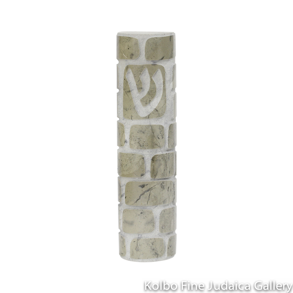 Mezuzah, Rounded Western Wall Design with Shin, Gray Galilee Stone