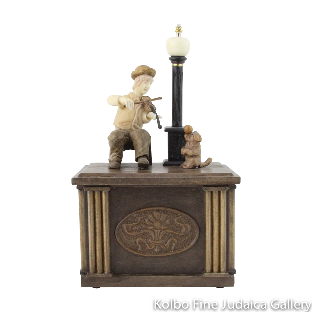 Collectable, Music Box, Violin Player and His Dog, Hand-Carved from Tagua Nut and Wood