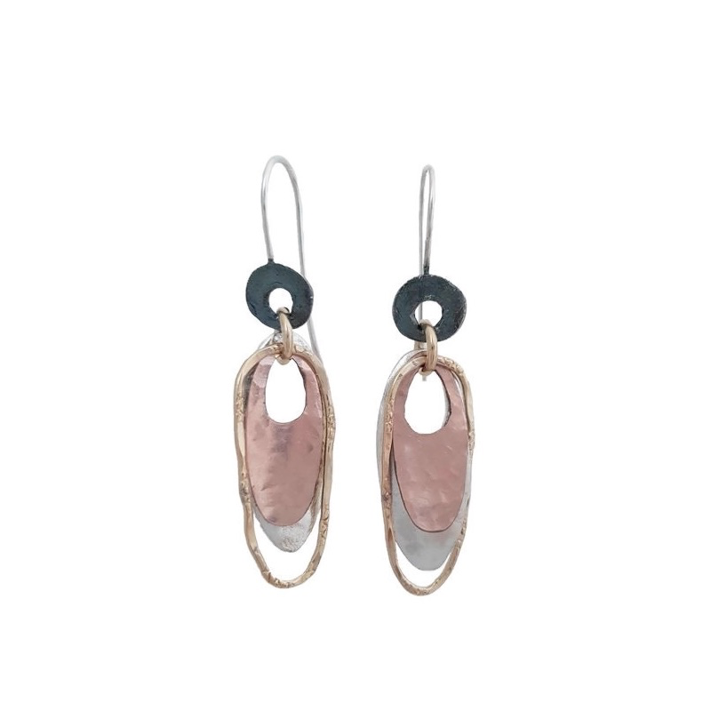 Earrings, Three Layered Ovals, Sterling Silver, Rose Gold and 14k Gold-Filled, on Wire