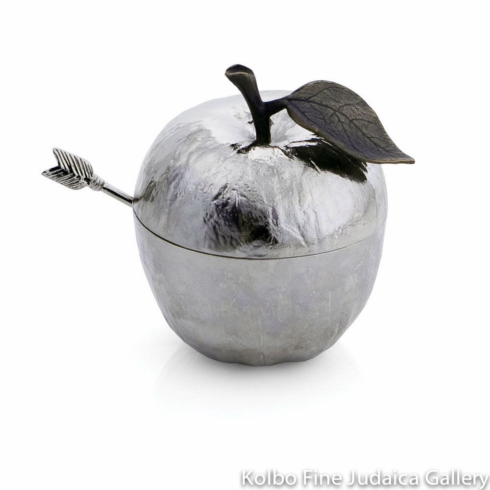 Honey Jar and Spoon, Silver Apple Design, Nickel Plate, Oxidized, Brown Enamel