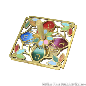 Dreidel, Flower Design, Painted Multicolor Enamel on Hand-Crafted Brass