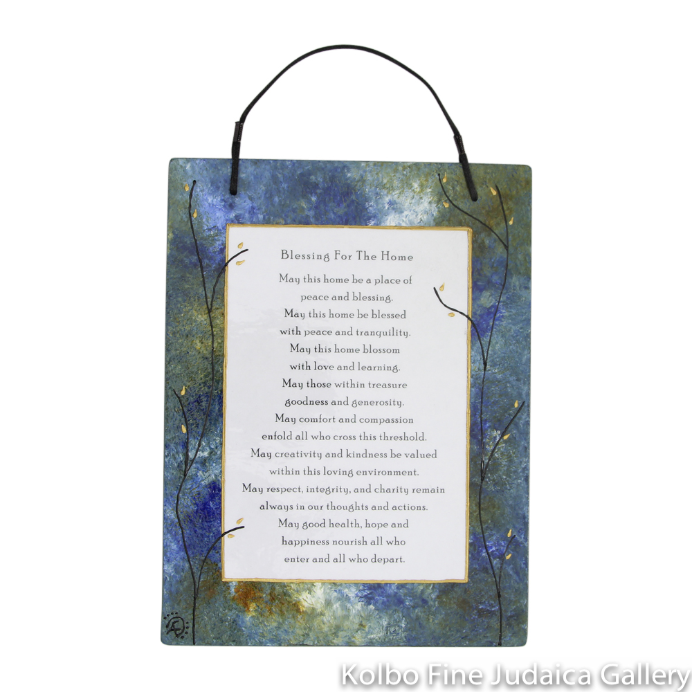 Home Blessing, Hand-Painted Glass with English Blessing, Blue and Green Tones