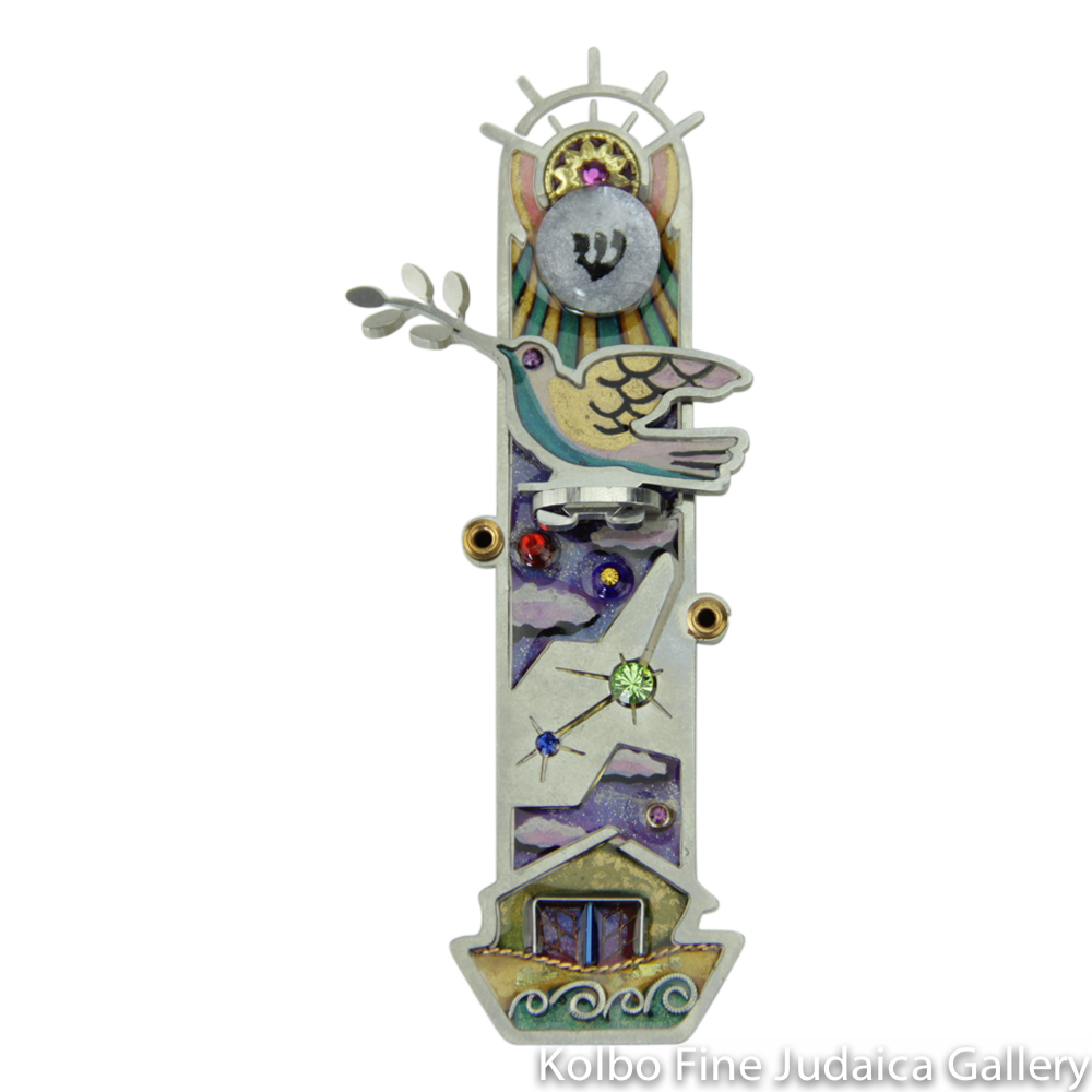 Mezuzah, Noah’s Ark Design with Dove, Resin on Stainless Steel with Crystals