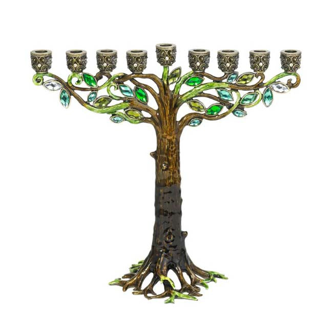 Menorah, Tree Of Life, Hand Set European Crystals and Gems, Painted Enamel Over Pewter