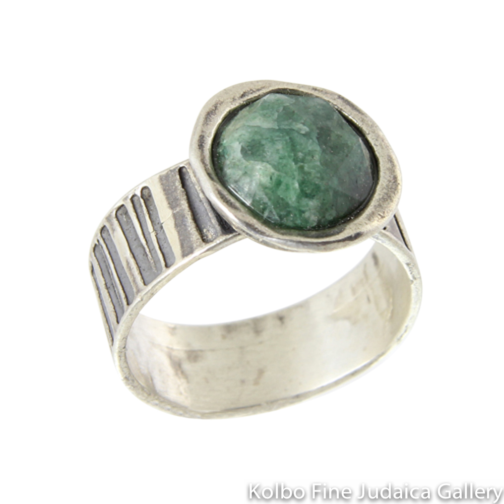Ring, Wide Striped Band of Sterling Silver, Large Green Corundum Stone